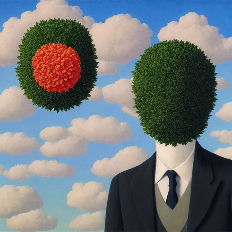 Image similar to portrait of a faceless beautiful flower - head man in a suit, clouds in the background, by rene magritte, detailed painting, distance, middle centered, hd, hq, high resolution, high detail, 4 k, 8 k