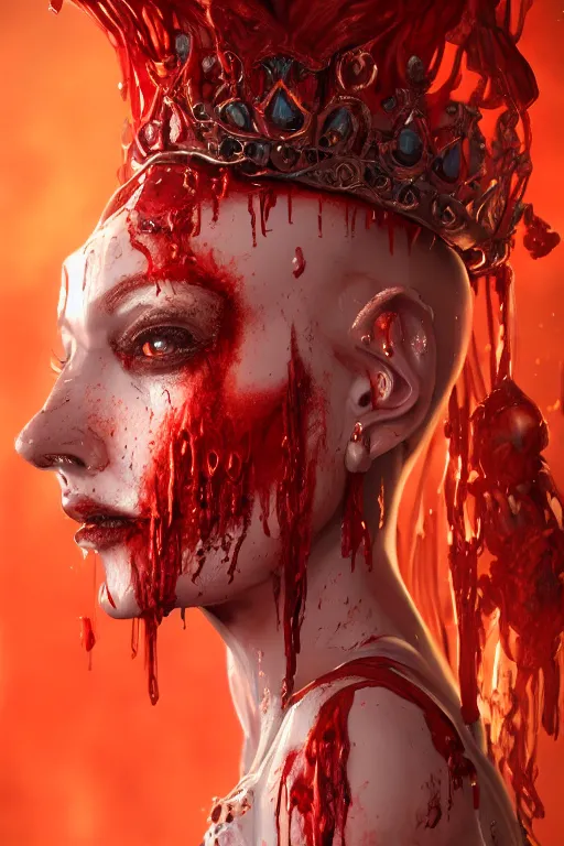 Prompt: Fantasy character portrait of distorted detailed painting of a queen woman made of blood drips, octane render, hyper detailed, red flames, trending on Artstation, 8k resolution, full HD, cinematic lighting, award winning, anatomically correct