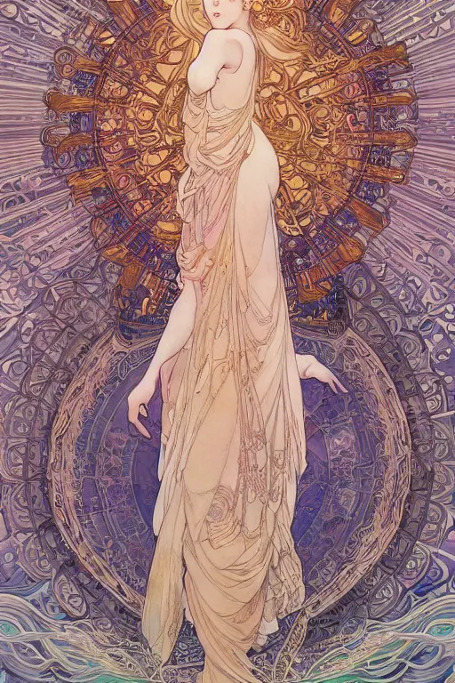 Image similar to goddess angel of tranquility，hyper detailed, character concept, full body, dynamic pose，intricate, lineart, cerpuscular rays, by yoshitaka amano, alfons mucha, 4k