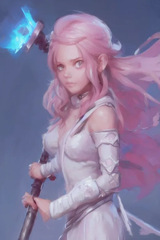 Prompt: 3 / 4 portrait of a cute white mage with a staff in mage armor, soft, pink and blue, artgerm and and greg rutkowski, trending on artstation