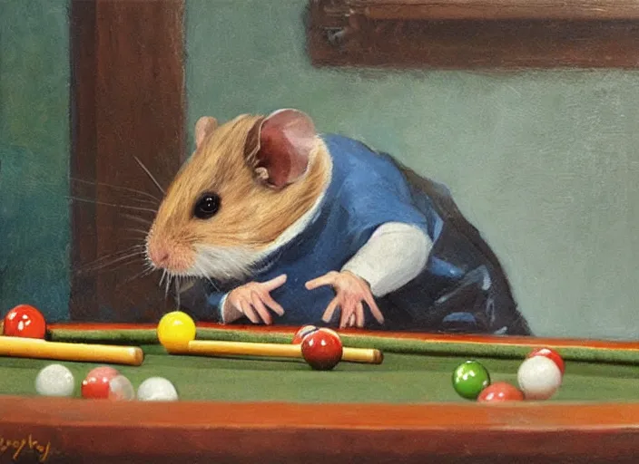 Prompt: a highly detailed beautiful portrait of a hamster playing pool, by gregory manchess, james gurney, james jean