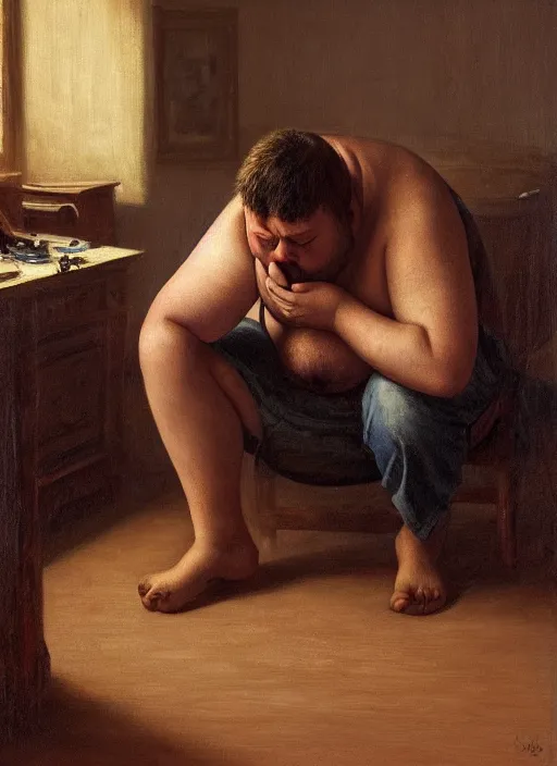 Image similar to insanely detailed chiaroscuro image of a exhausted - looking slightly fat casually - dressed programmer guy on his knees facing his glowing ultrawide computer monitor monitor begging it for forgiveness, oil on canvas, masterwork, fine detail, trending on artstation, emotive, insanely compelling, ryden, koons, moebius