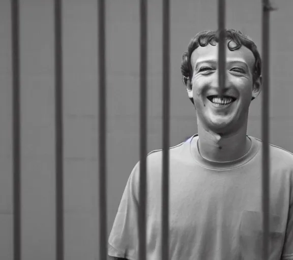 Prompt: Joachim Brohm photo of 'mark zuckerberg laughing behind jail bars', high contrast, high exposure photo, monochrome, DLSR, grainy, close up