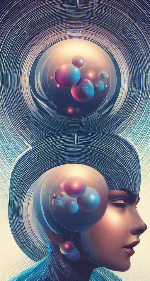 Image similar to art deco close up portait of head surrounded by spheres, like a dream digital painting curvalinear clothing cinematic dramatic fluid lines otherworldly vaporwave interesting details epic composition by artgerm