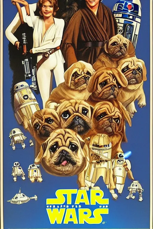 Image similar to vintage 1 9 7 7 star wars episode iv a new hope movie poster, with pugs instead of people