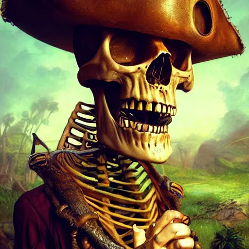 Image similar to pirate skeleton drinking beer by Annie Leibovitz M.W. Kaluta, josephine wall, green wood, nature, 8k resolution, octane render, Trending on artstation, by Justin Gerard and Haeckel. Artstation, volumetric light