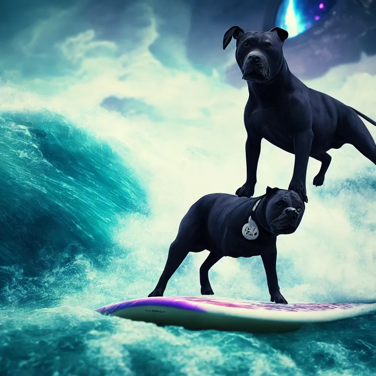 Image similar to photo of a dark charcoal coat pit bull with a white paws, surfing on a surfboard in a crashing wave of alien ocean in space, background is an alien galaxy, matte, aliens in the background, alien colors, octane render, unreal engine, wide view, 8 k, high detaild