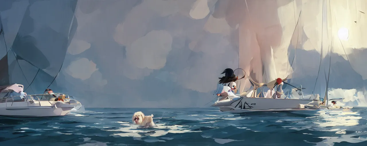 Image similar to a cream - colored havanese dog and shih tzu, sailing on an america's cup boat, hydrofoil, atey ghailan, goro fujita, studio ghibli, rim light, exquisite lighting, clear focus, very coherent,