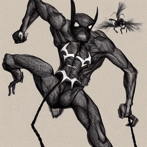 Image similar to a man who is a bat fighting a man who is a spider, detailed illustration, concept art