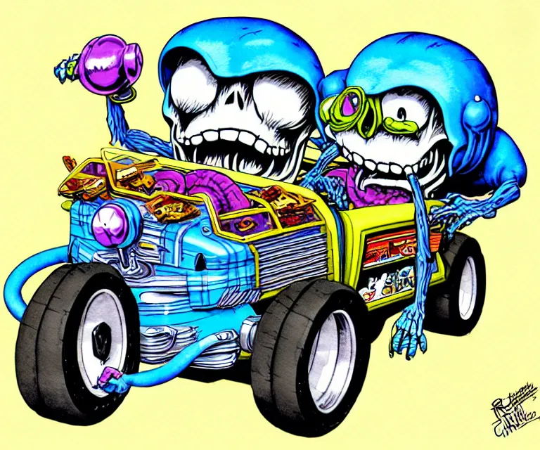 Prompt: cute and funny, skeletor, wearing a helmet, driving a hotrod, oversized enginee, ratfink style by ed roth, centered award winning watercolor pen illustration, isometric illustration by chihiro iwasaki, the artwork of r. crumb and his cheap suit, cult - classic - comic,