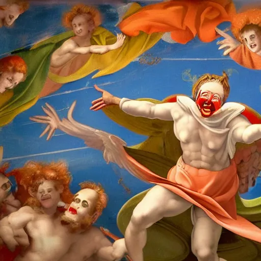 Image similar to An archangel dressed as a clown hovers in the sky, Sistine Chapel fresco art style. 8k