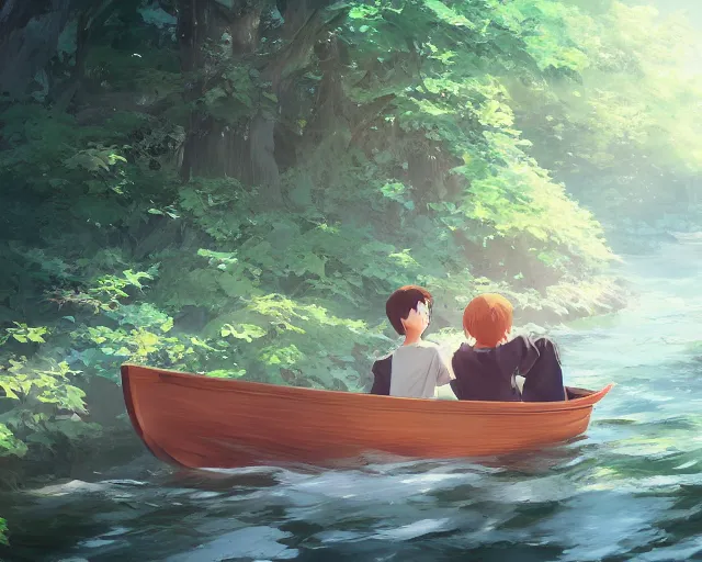 Prompt: a boy and a girl sitting together in a boat on a streams. Trees. By Makoto Shinkai, Stanley Artgerm Lau, WLOP, Rossdraws, James Jean, Andrei Riabovitchev, Marc Simonetti, krenz cushart, Sakimichan, trending on ArtStation, digital art.