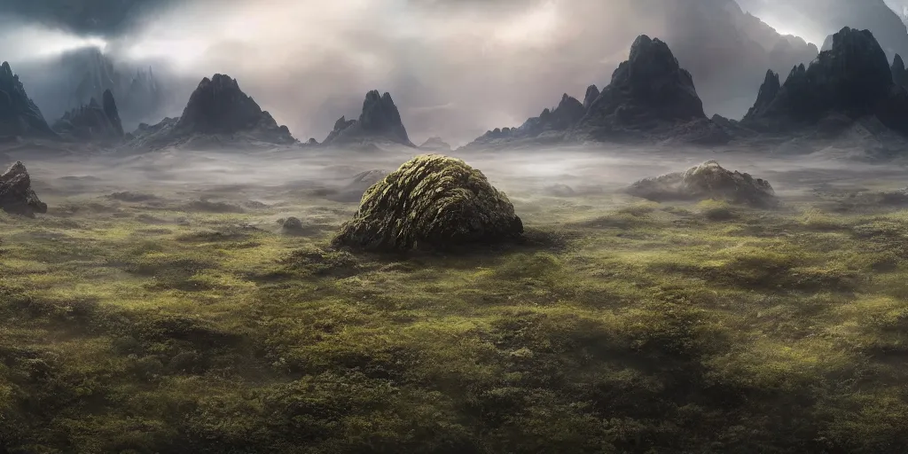 Image similar to A landscape of an alien planet stretching as far as the eye can see, with misty rolling hills on bizarre floating rock formations, vigorous misty mountains, and rainy thunderclouds, raining, landscape photography, landscape imagery, landscape perspective, trending on artstation, artstationHD, artstationHQ, 4k, 8k.