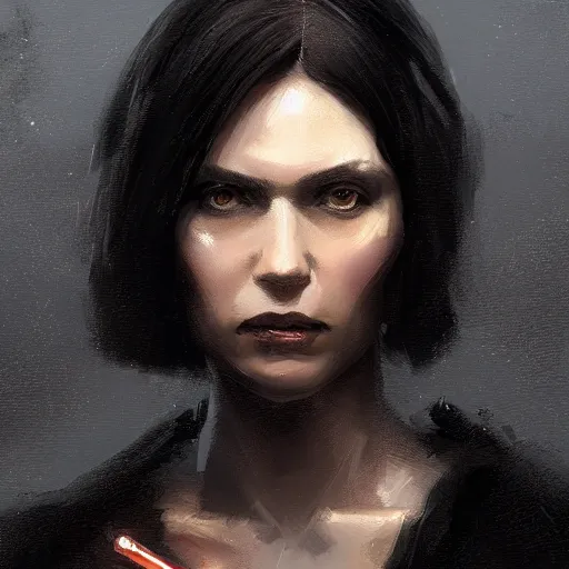 Image similar to portrait of a woman by greg rutkowski, anya solo, black bob hair, tall and slender, star wars expanded universe, wearing a black flying jacket, she is about 2 0 years old, highly detailed portrait, digital painting, artstation, concept art, smooth, sharp foccus ilustration, artstation hq