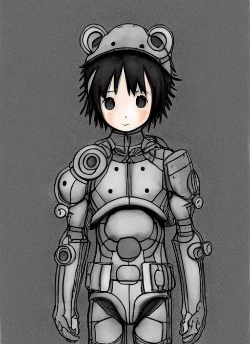 Image similar to beautiful little boy wearing an cyborg bear suit, artwork in kentaro miura and made in abyss and rosdraws, smooth, beautiful lightness, anatomically correct, trending on pixiv, forest