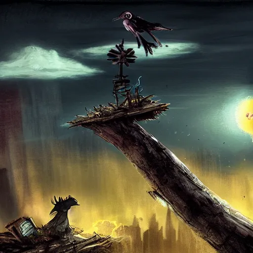 Prompt: a tiny gloomy reaper sitting on a tree log, holding its scythe and watches a little happy bird flying around a extrem destroyed fallout city with extrem radioactive aspects at nighttime, by aleksandra waliszewska and aoi ogata, dystopian concept dramatic horror art