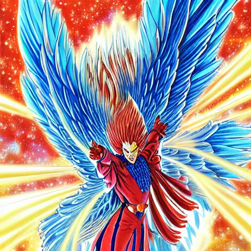 Prompt: a cosmic phoenix, wings spread, soaring through the cosmos by yusuke murata