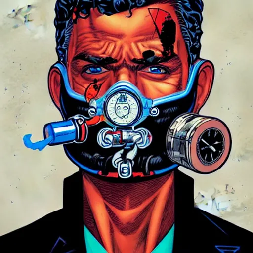 Prompt: a profile photo of an evil man with a diving oxygen mask with side profile blood in ocean intricate details by MARVEL comics and Sandra Chevrier-C