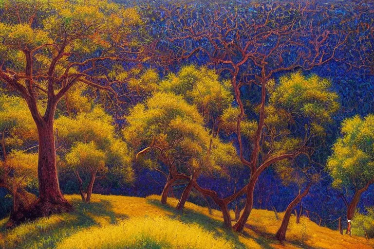 Prompt: masterpiece painting of oak trees on a hillside overlooking a creek, dramatic lighting, by victor nizovtsev