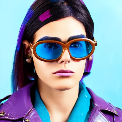 Image similar to closeup painting of a very beautiful young mexican cyberpunk woman with light blue shutter shades, one side haircut, long brown hair with light blue ends, purple leather jacket