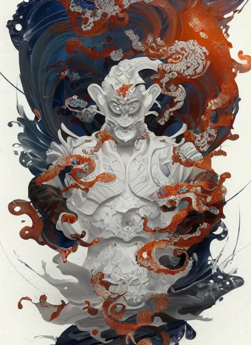 Image similar to subsurface scattering, white, koi, samurai deity with koi armor, art nouveau swirls, epic lighting, octane render, by jesper ejsing, james jean, justin gerard, tomasz alen kopera, cgsociety and fenghua zhong, highly detailed, rim light, art, very coherent, cinematic, hyper realism, high detail, 8 k