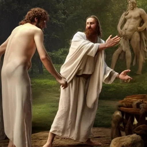 Prompt: candid photo of a druid wearing white linen robes casting a magical circle while speaking to a satyr, photo from 8 4 7 bc