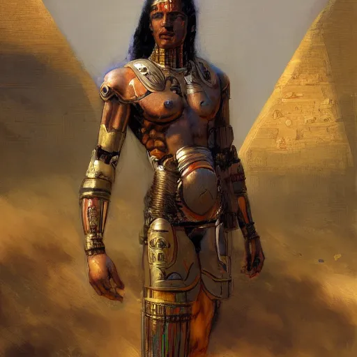 Prompt: a cyborg fighter, Egyptian features, resting after a hard fight, happily tired, sci fi character portrait by gaston bussiere, craig mullins