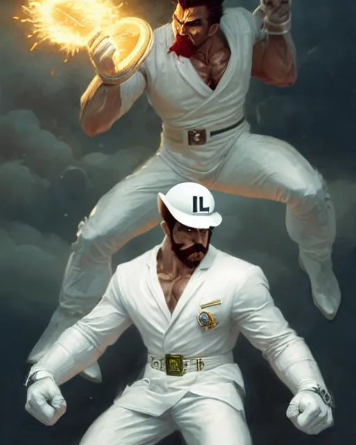 Prompt: gigachad luigi fighting like brock samson in a white suit, fantasy character portrait, ultra realistic, concept art, intricate details, highly detailed by greg rutkowski, ilya kuvshinov, gaston bussiere, craig mullins, simon bisley