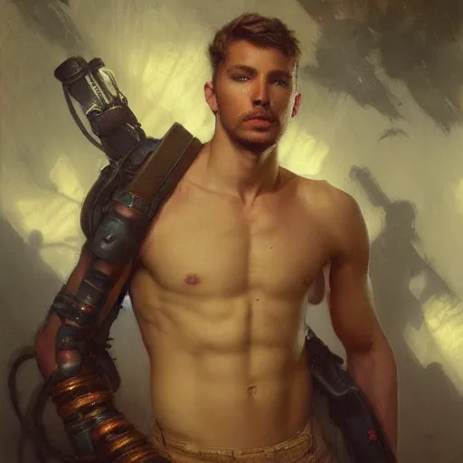 Image similar to handsome portrait of a young guy fitness posing, war hero, studying, radiant light, caustics, reflective water, by gaston bussiere, bayard wu, greg rutkowski, giger, maxim verehin