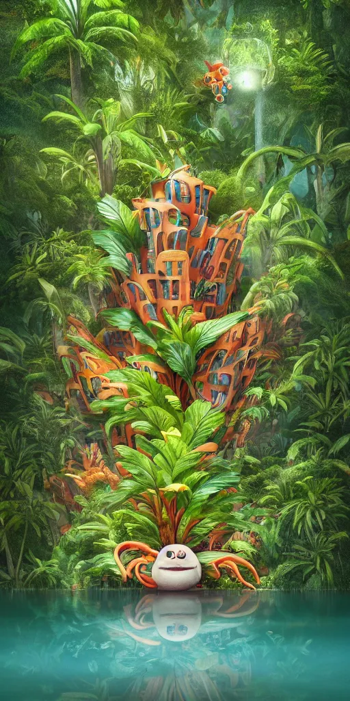 Image similar to of a tropical rainforest lake with strange cute friendly happy creatures with huge eyes, mouth, long tongue, round teeth and goofy face, appearing from the treesl, in the style of gehry and gaudi, macro lens, shallow depth of field, ultra detailed, digital painting, trending artstation, concept art, illustration, cinematic lighting, photorealism, epic, octane render