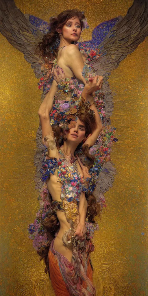 Image similar to an intricate painting of an artistic pose beautiful angel with an artistic pose, hyper - detailed, covered in fancy silk cloth with klimt motives, octane render, vivid colors, artstation, by jeremy mann, by alphonse mucha, by boris vallejo, by gustav klimt