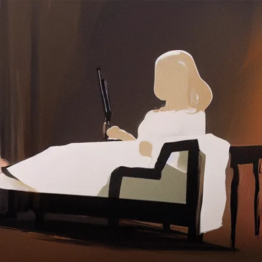 Image similar to a woman in a white dress sitting in a chair, concept art by john carpenter, volumetric lighting, photorealistic painting by jerry weiss, criterion collection