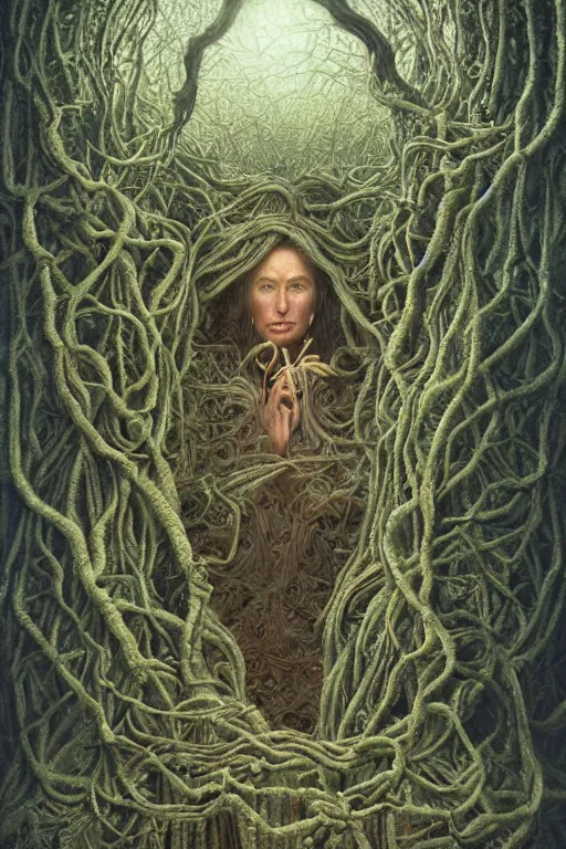 Image similar to intricate stunning highly detailed portrait of baba yaga, 🌱, by agostino arrivabene and vladimir kush, surreal, digital painting, ultra realistic, dramatic lighting, twisted vines, lush plants, pristine water, artstation
