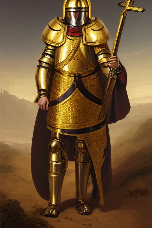 Prompt: man looking forward in decorated with gold baroque style christian crusader armor, cylindrical helmet covering all his face with golden cross on front it's front end and white cape covering half of his body standing at the gates of jerusalem drawn by greg rutkowski realistic high detail