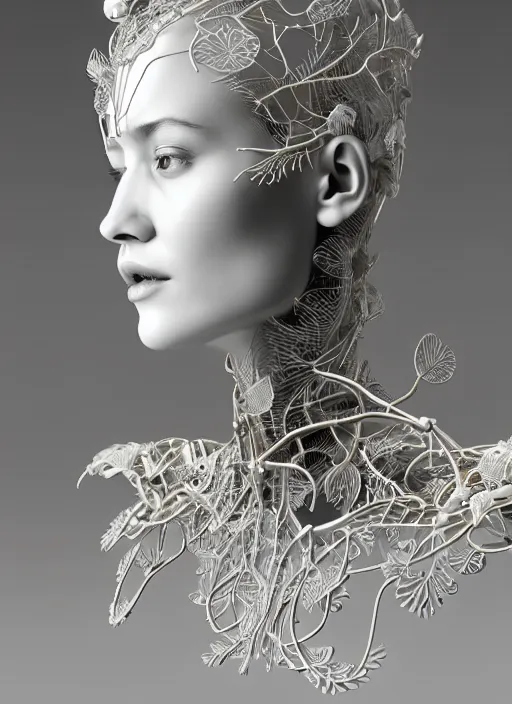 Image similar to complex 3d render ultra detailed of a beautiful porcelain profile woman face, mechanical cyborg, 150 mm, beautiful natural soft light, rim light, silver gold details, magnolia big leaves and stems, roots, fine foliage lace, maze like, mesh wire, intricate details, hyperrealistic, ultra detailed, mandelbrot fractal, anatomical, white metal neocubism armor, facial muscles, cable wires, microchip, elegant, octane render, H.R. Giger style, 8k