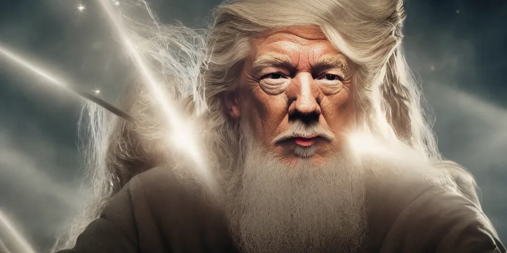 Image similar to a beautiful photo of gandalf being starred by donald trump, intricate detail, god rays, photography, volumetric light, cinematic, 8 k