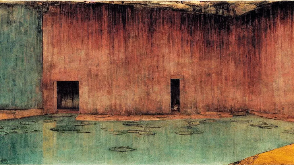 Image similar to a chinese prison near a river by peter doig, muted colors