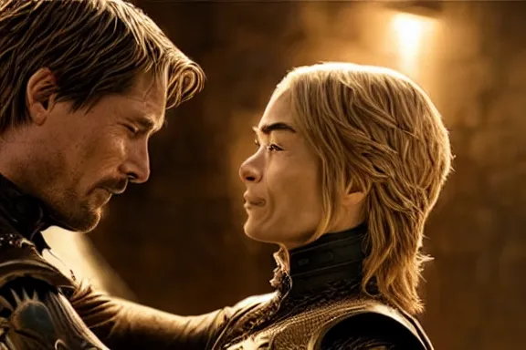 Image similar to very very intricate photorealistic photo of jaime lannister killing cersei, photo is in focus with detailed atmospheric lighting, award - winning details