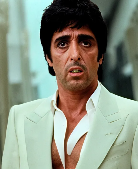 Prompt: full body portrait. tony montana from movie scarface 1 9 8 3. al pacino, perfect symmetric face, coherent eyes, fine details., 4 k, ron cobb. cinestill