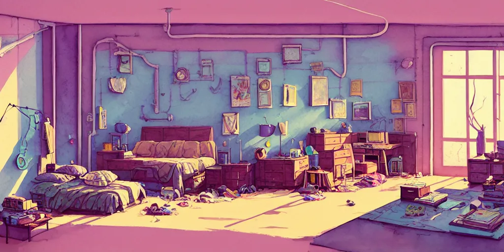 Prompt: room in the canyons, the room is messy and unorganized, bed is not made, trinkets and books everywhere, detailed, artstation, 8 k, sci - fi, pastel colors, props, panel, concept, simon stalenhag, in watercolor gouache detailed paintings, moebius, blueprint, building, living room, detailed, posters, sofa