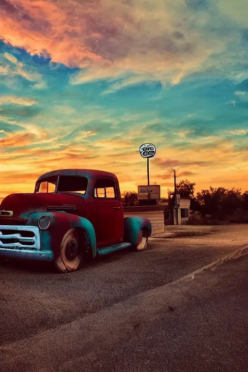 Image similar to a sunset light landscape with historical route 6 6, lots of sparkling details and sun ray ’ s, blinding backlight, smoke, volumetric lighting, colorful, octane, 3 5 mm, abandoned gas station, old rusty pickup - truck, beautiful epic colored reflections, very colorful heavenly, softlight