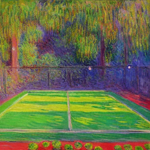 Image similar to tennis court, art by claude monet, impressionism, oil painting, bright colors, advertising painting