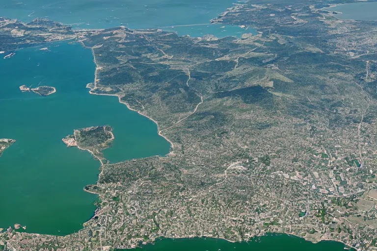 Image similar to satellite image of a bay town facing north, green mountains to the south, and a castle across the bay