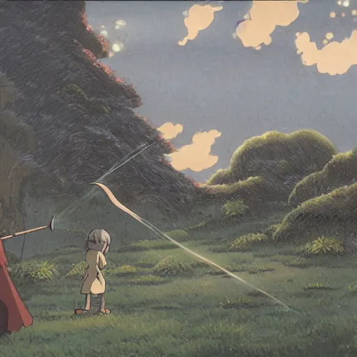 Prompt: a dreamy landscape by Hayao Miyazaki, medieval weapons raining from the sky