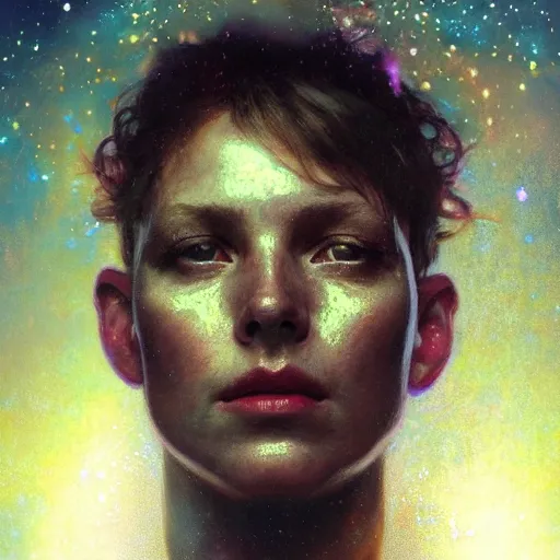 Image similar to hyperrealist portrait of an enormous glowing head made of stars by jeremy mann and alphonse mucha and alan lee, fantasy art, photo realistic, dynamic lighting, artstation, poster, volumetric lighting, very detailed faces, award winning