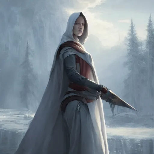 Image similar to portrait of an woman wearing a white cape with a hood and holding an hunter bow, Matte painting , detailed painting, made by Greg Rutkowski, 4k, atmospheric
