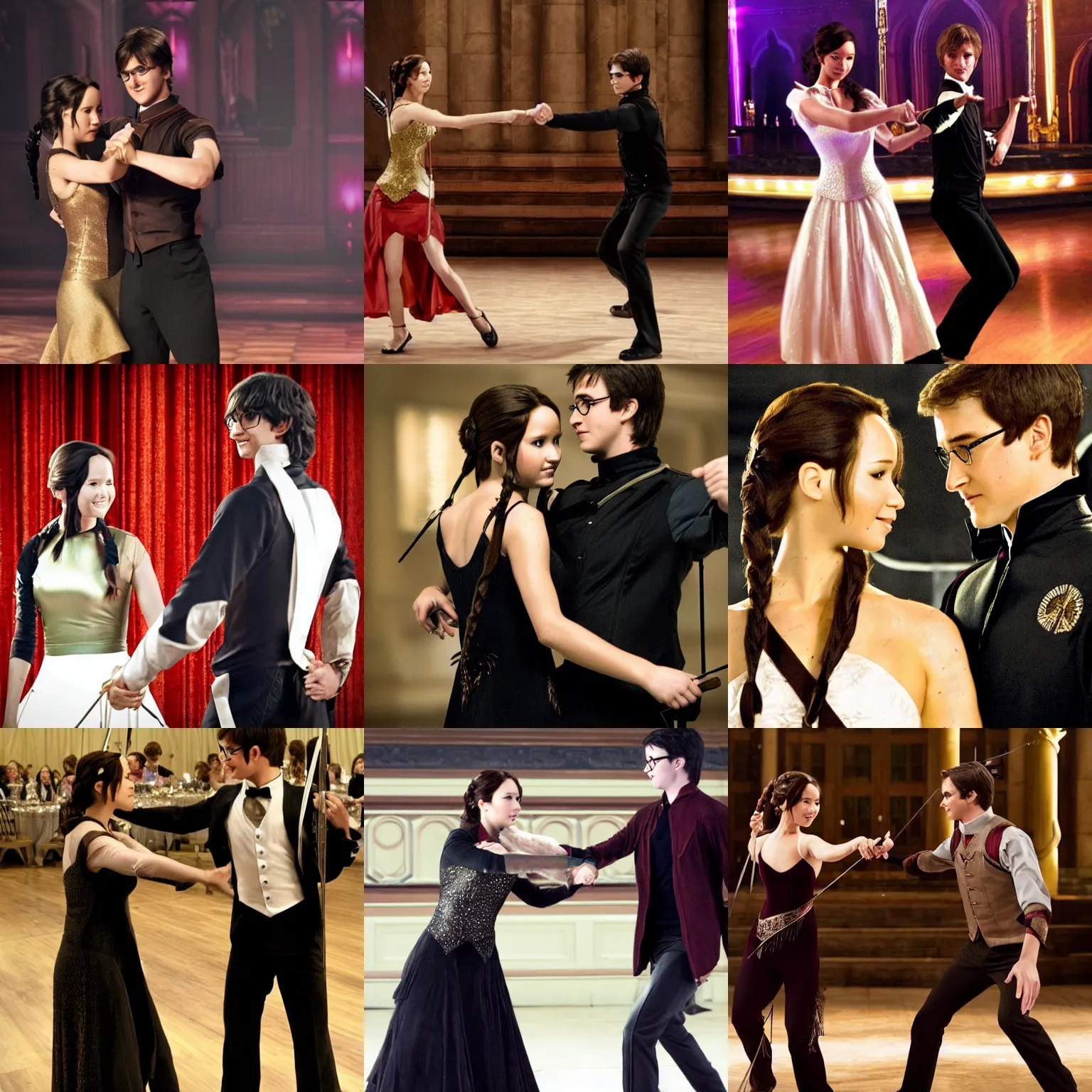 Prompt: Katniss Everdeen and Harry Potter ballroom dancing