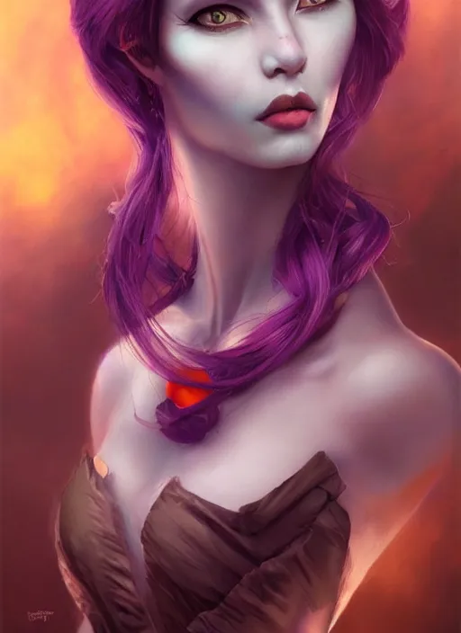 Prompt: a detailed facial portrait of a female nekomata with purple hair and orange eyes, a beautiful face, mutation, by tom bagshaw, by artgerm, by wlop, by dorian cleavenger, trending on artstation