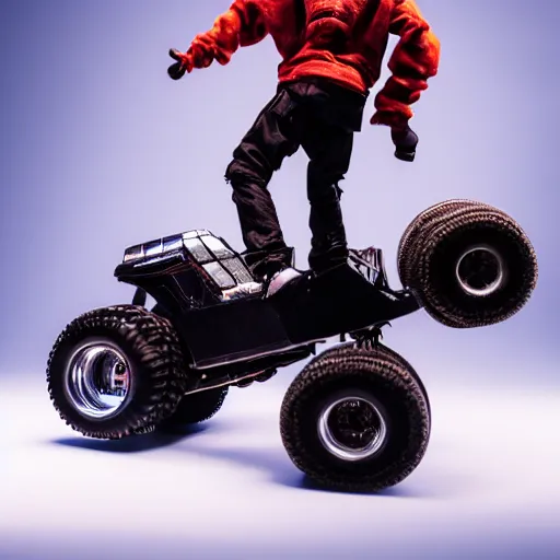 Image similar to travis scott figure standing on top of a black toy monster truck, studio lighting, white background