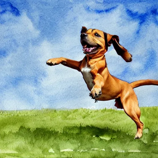 Image similar to a dog jumping to catch a frisbee in a field, watercolor